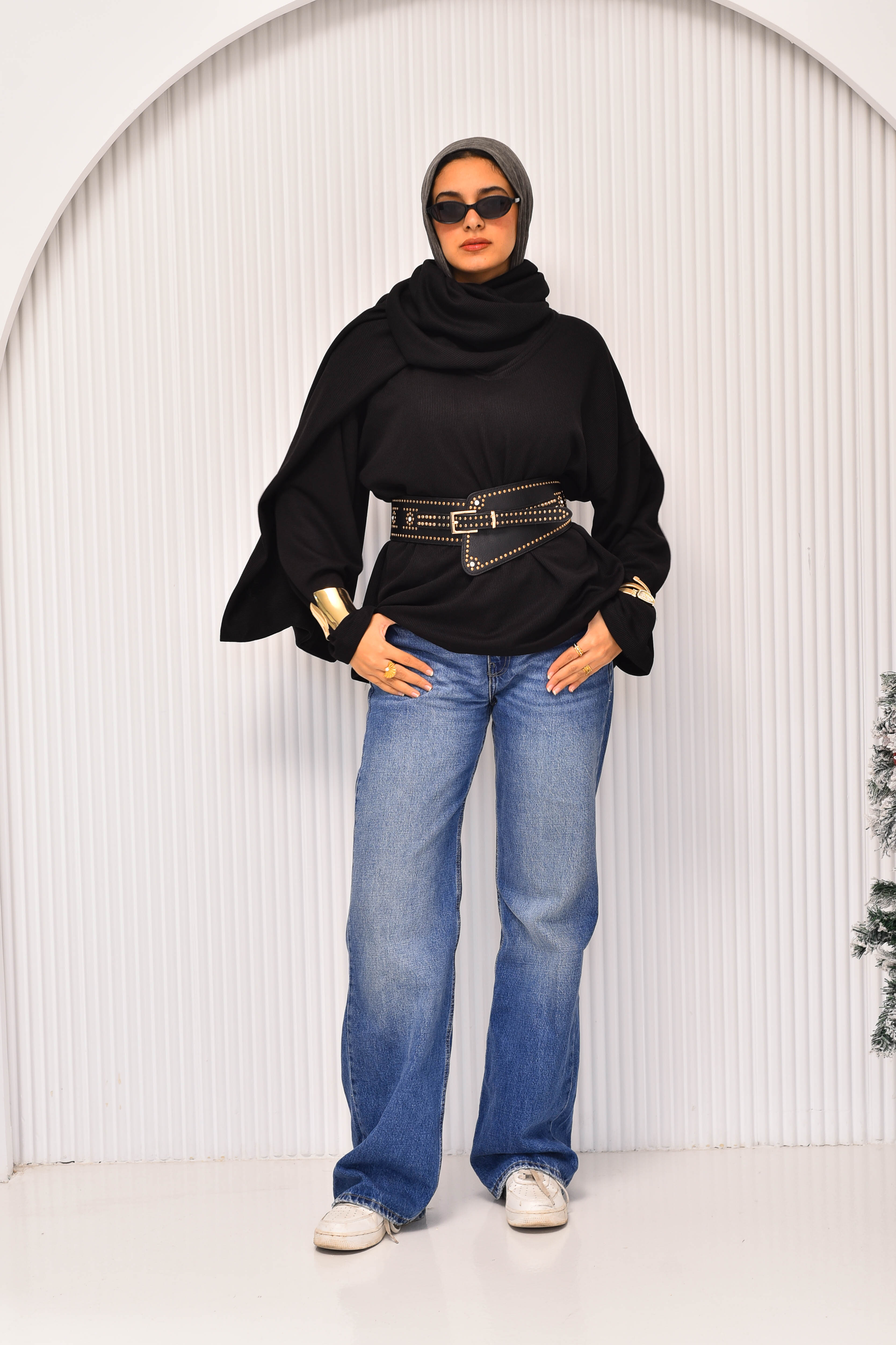 Loose Knit Scarf-Neck Sweater