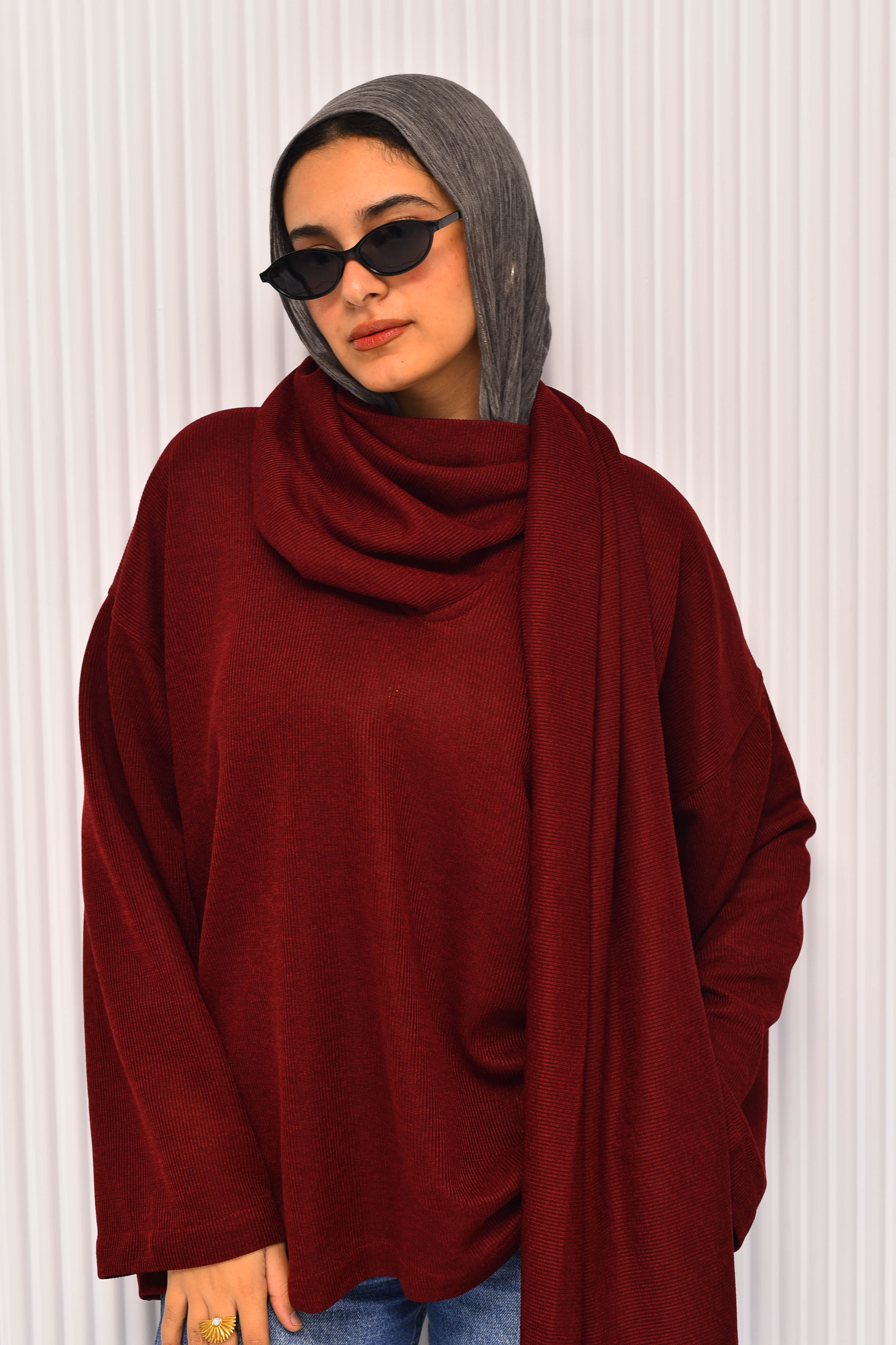 Loose Knit Scarf-Neck Sweater